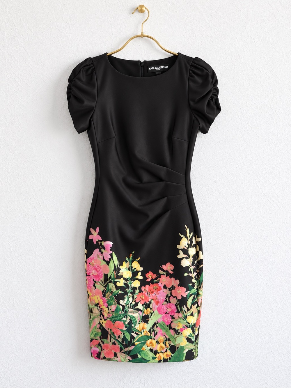 KARL LAGERFELD PARIS Black Floral Hem Puff Sleeve Sheath Dress 2
